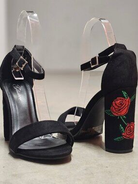 Black Faux Suede Block Heel Sandals With Rose Embroidery & Ankle Strap